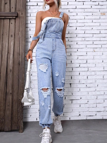 Combinaison Femme Décontractée en Jean Déchiré Bleu Clair Lavé Taille Haute Jambe Droite Salopette Distressed Sans Manches