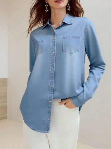 Women's Casual Denim Shirt Light Blue Long Sleeve Button Down Blouse With Double Pockets Soft Cotton Blend Commute Top