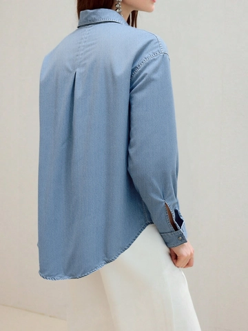 Women's Casual Denim Shirt Light Blue Long Sleeve Button Down Blouse With Double Pockets Soft Cotton Blend Commute Top