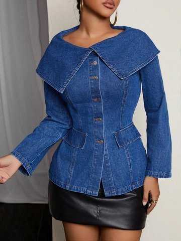 Women Casual Denim Jacket Oversized Sailor Collar Button Up Slim Fit Long Sleeve Jean Coat Vintage Fashion Outerwear Top