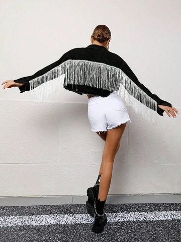 Women Fashion Fringe Denim Jacket Cropped Long Sleeve Tassel Washed Jean Outerwear Street Style Black White Ladies Coat