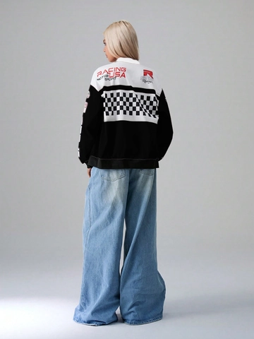 Chaqueta de Estilo Carreras para Mujer Bloque de Color Estampado de Letras Vintage Cuello Alto Cremallera Manga Larga