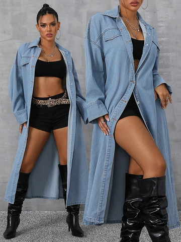 Women Casual Loose Long Denim Trench Coat Streetwear Washed Cotton Oversized Jacket With Pockets Lapel Long Sleeve Outerwear
