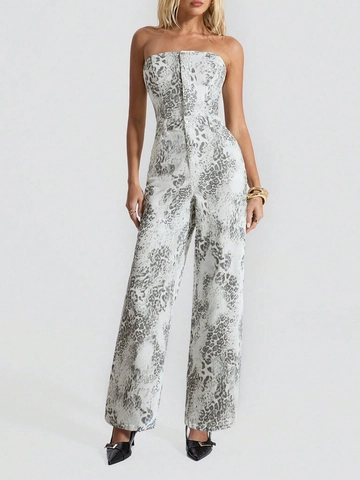 Women Leopard Print Strapless Denim Jumpsuit High Waist Wide Leg Romper Sexy One Piece Long Pants Casual Commuter Style
