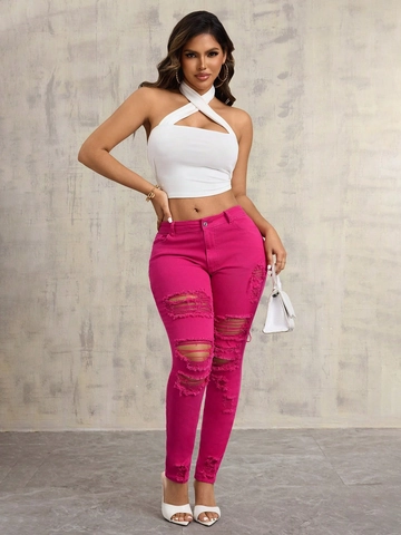 Jeans Skinny Déchirés pour Femmes Rouge Rose Taille Moyenne Coupe Slim Pantalon en Denim Ourlet Effiloché Pantalon Crayon
