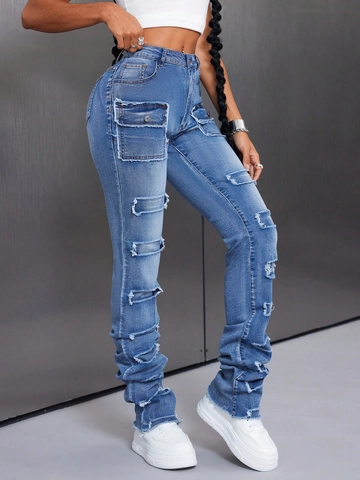Jeans Donna Vita Alta Distressed Cargo Stacked Lavaggio Blu Denim Pantaloni Multi Tasche Streetwear Slim Fit Pantaloni Lunghi