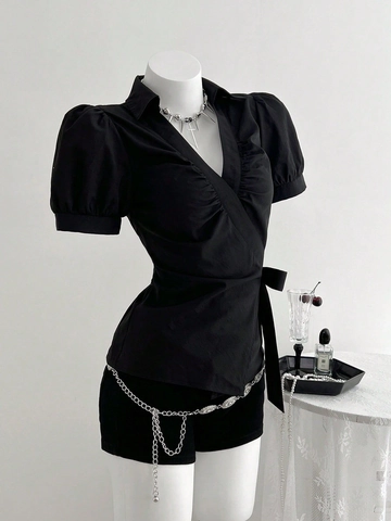 Camicetta da Donna Stile Francese Scollo a V Manica Corta Slim Fit Maniche a Sbuffo Laccio in Vita Elegante Ufficio Casual Tinta Unita