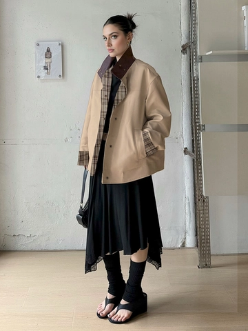 Women Vintage Khaki Stand Collar Colorblock Jacket With Plaid Lining Long Sleeve Casual Patchwork Outerwear Fashion Top