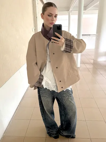 Women Vintage Khaki Stand Collar Colorblock Jacket With Plaid Lining Long Sleeve Casual Patchwork Outerwear Fashion Top