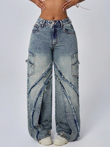 Damen Casual Denim Jeans Ausgefranster Patchwork Design Lockeres Weites Bein Cargo Washed Baumwollmischung Denim Lange Hose Blau