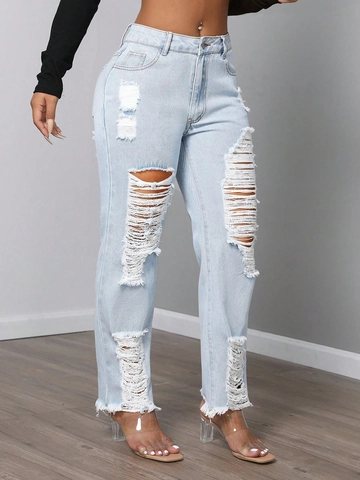 Damen High Waist Ripped Jeans Hellblau Distressed Straight Leg Denim Hose Mit Ausgefranstem Saum Streetwear Casual Mode
