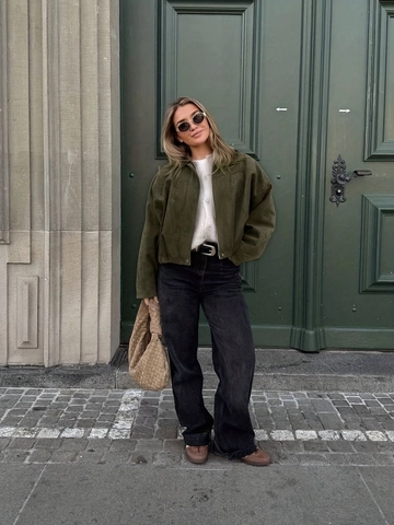 Women's Casual Faux Suede Short Jacket Turn-down Collar Zipper Solid Color Long Sleeve Chic Vintage Outwear Coat