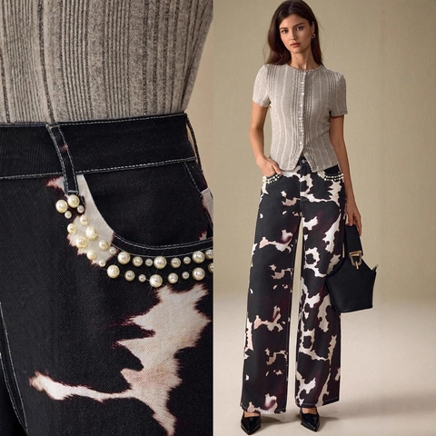 Dames High Waist Koeienprint Wijde Pijpen Jeans Kunstparel Zak Decoratie Katoen Denim Broek Casual Losse Rechte Broek