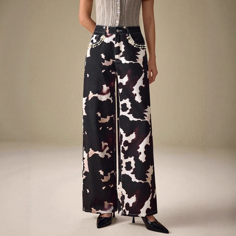 Dames High Waist Koeienprint Wijde Pijpen Jeans Kunstparel Zak Decoratie Katoen Denim Broek Casual Losse Rechte Broek