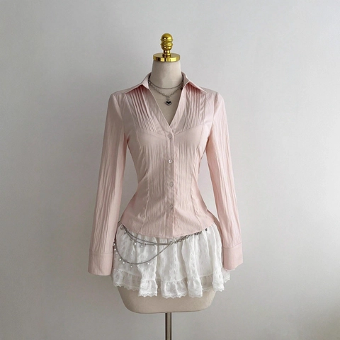 Women's Casual Pink Pleated V-Neck Long Sleeve Blouse Solid Color Textured Button Down Shirt Elegant Office Lady Tops