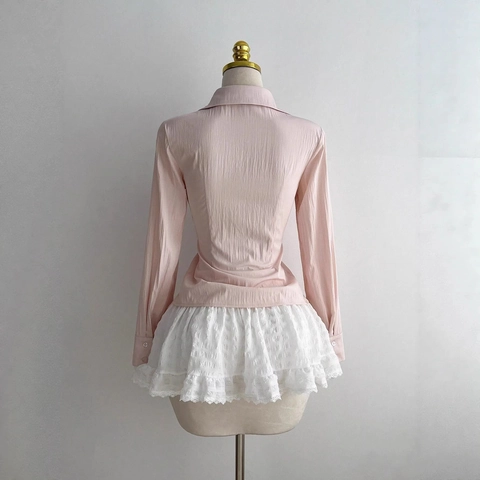 Women's Casual Pink Pleated V-Neck Long Sleeve Blouse Solid Color Textured Button Down Shirt Elegant Office Lady Tops
