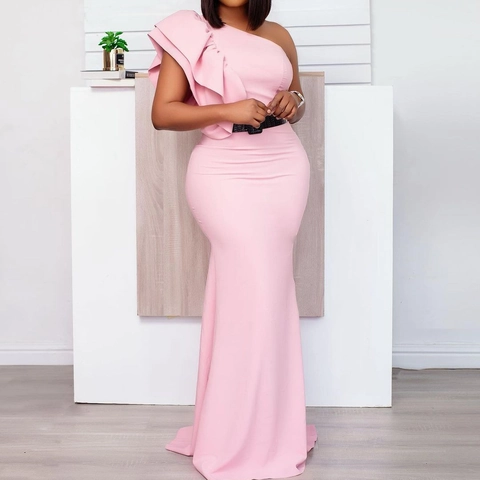 Elegante Vestido Maxi de Sirena con Un Hombro y Volantes para Mujer Color Sólido Corte Ajustado Fiesta de Gala Boda Vestido Formal