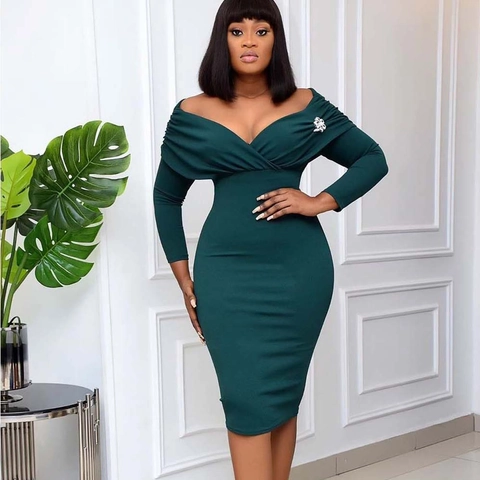 Elegante V-Hals Lange Mouw Gerimpelde Midi Jurk Met Strass Broche Sexy Bodycon Kokerjurk Voor Vrouwen Feest Avond