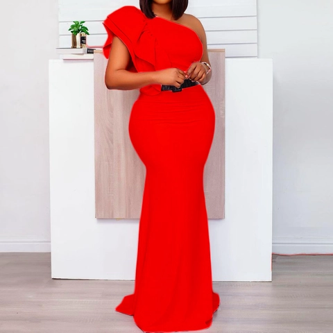 Elegante Vestido Maxi de Sirena con Un Hombro y Volantes para Mujer Color Sólido Corte Ajustado Fiesta de Gala Boda Vestido Formal
