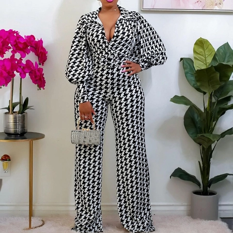 Dames Elegante Jumpsuit Met Hahnentritt-Patroon V-hals Pofmouwen Wijde Pijpen Lange Broek Met Riem Casual Kantoor Romper