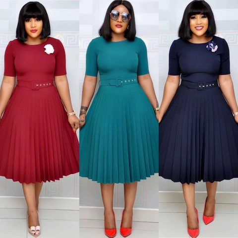 Elegantes Damen Plissee Midi Kleid Mit Gürtel Rundhals Kurzarm Einfarbig A-Linie Abendparty Bürokleid