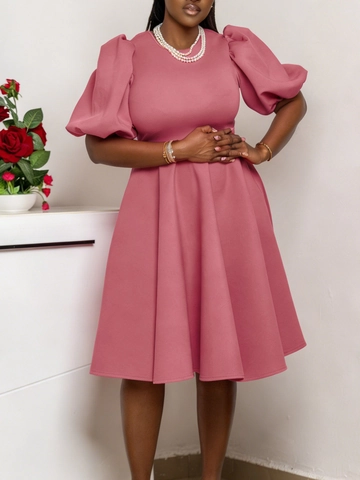 Vestido Midi Elegante para Mujer con Mangas Abullonadas Cuello Redondo Plisado Cintura Alta Color Sólido Poliéster Elastano Oficina Fiesta