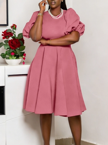 Vestido Midi Elegante para Mujer con Mangas Abullonadas Cuello Redondo Plisado Cintura Alta Color Sólido Poliéster Elastano Oficina Fiesta