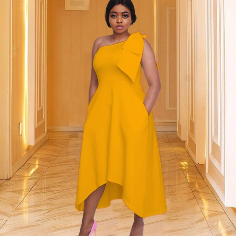 Robe de Soirée Asymétrique à Une Épaule High-Low Avec Grand Nœud et Poches Élégante Robe de Bal Sans Manches Taille Haute