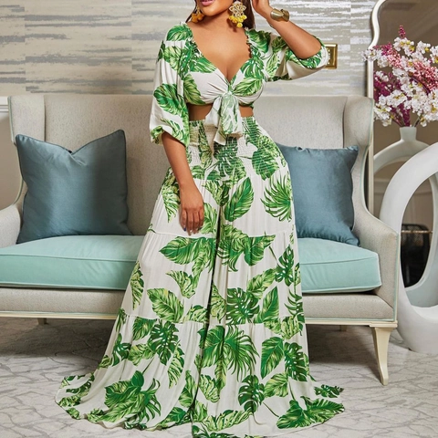 Damen Tropisches Palmblatt Druck Top Und Hosen Set V-Ausschnitt Vorne Binden Crop Top Hohe Taille Weites Bein Gestufte Hose Lässig