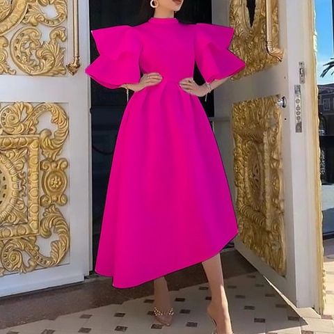 Women Elegant Solid Color Banquet Dress Double Layer Ruffle Sleeves Stand Collar High Waist A-Line Midi Dress For Party Wedding