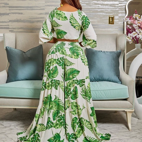 Damen Tropisches Palmblatt Druck Top Und Hosen Set V-Ausschnitt Vorne Binden Crop Top Hohe Taille Weites Bein Gestufte Hose Lässig