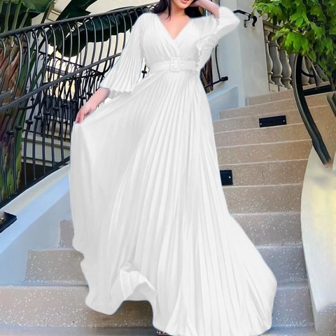 Women's V-Neck Pleated Maxi Dress Elegant Long Evening Party Gown With Belt Flare 3/4 Sleeves Solid Color Polyester Dress