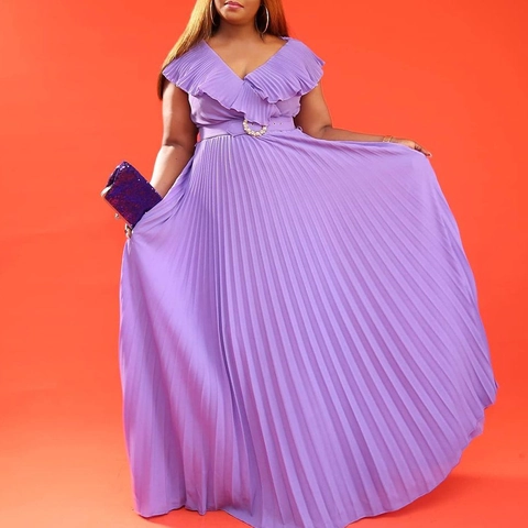 Damen Elegant V-Ausschnitt Rüschen Plissee Maxikleid Mit Strass Gürtel Hohe Taille Sommer Party A-Linie Langes Kleid