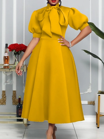 Women's Elegant High Neck Big Bow Tie Midi Dress Puff Sleeve A-Line Solid Color Celebrity Style Party Evening Dress