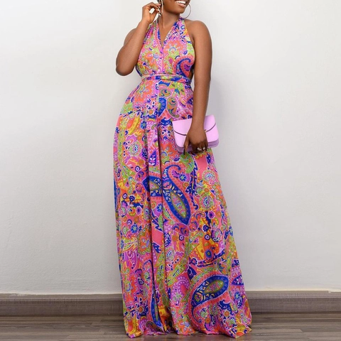 Halter Neck Backless Wide Leg Jumpsuit For Women Bohemian Paisley Print Polyester Sleeveless High Waist Long Pant Beach Romper