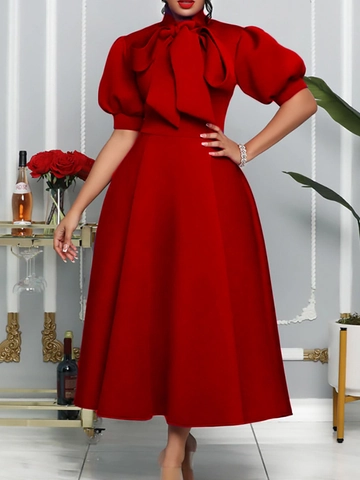 Women's Elegant High Neck Big Bow Tie Midi Dress Puff Sleeve A-Line Solid Color Celebrity Style Party Evening Dress