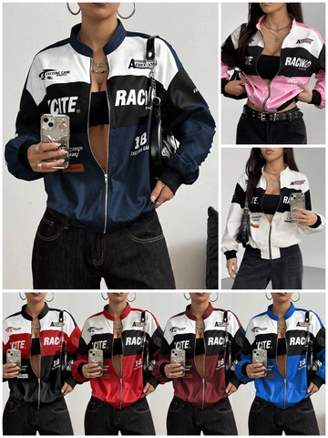 Veste de Course pour Femmes Bloc de Couleur Patchwork Fermeture Éclair Bomber Vintage Imprimé Streetwear Sportif Haut Mode