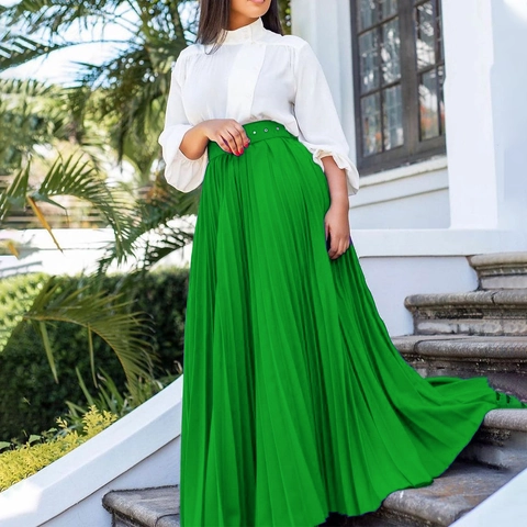 Elegante Damen High Waist Plisseerock Mit Gürtel Einfarbig A-Linie Fließender Langer Rock Für Frühling Sommer Herbst Büro
