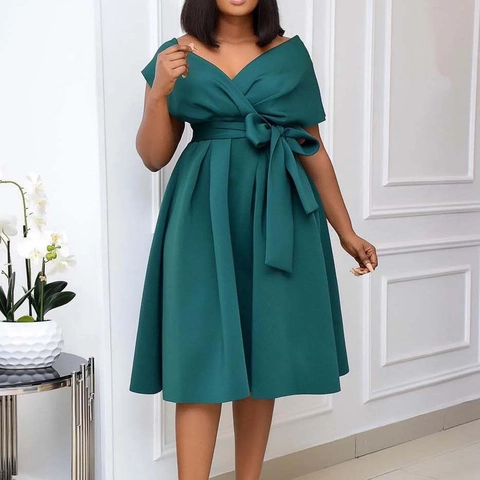 Damen Elegantes V-Ausschnitt Kurzarm Plissiertes Midi-Kleid Schleife Taille A-Linie Einfarbig Party Abendkleid