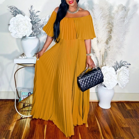 Elegante Abito Maxi Plissé a Spalle Scoperte Con Volant per Donna Tinta Unita Giallo Zenzero Pullover Casual Festa Abito da Sera