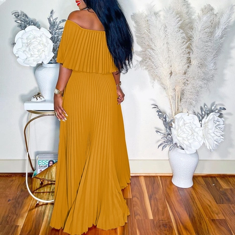 Elegante Abito Maxi Plissé a Spalle Scoperte Con Volant per Donna Tinta Unita Giallo Zenzero Pullover Casual Festa Abito da Sera