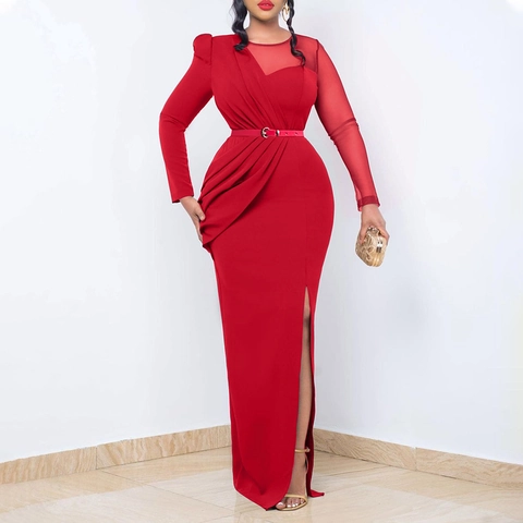 Elegant Women Mesh Patchwork Ruched Long Sleeve High Slit Maxi Dress With Belt Solid Color Slim Fit Bodycon Evening Party Dress