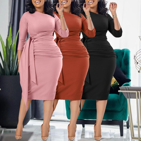 Damen Elegant Gerüscht Bodycon Midi Kleid Asymmetrischer Hals Dreiviertelarm Einfarbig Gerüscht Bindegürtel Büro OL Kleid