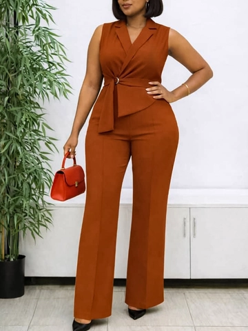Women Elegant Sleeveless Notched Lapel Jumpsuit With Belt Wide Leg Office Lady Solid Color Jumpsuit Casual Party Outfits