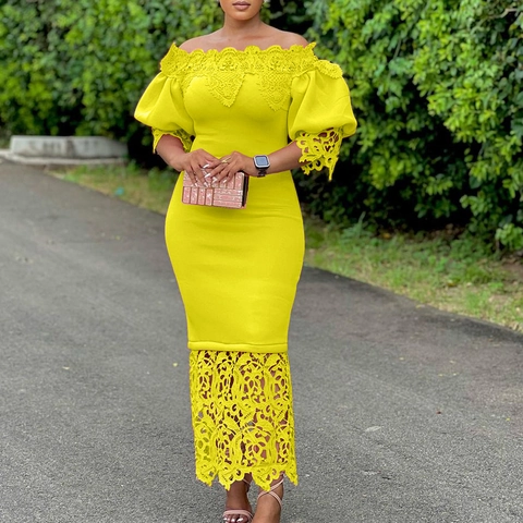 Elegante Dames Off-shoulder Midi-jurk met Kant Patchwork Pofmouwen Slim Fit Grote Maat Bruiloft Feest Avondjurk