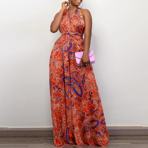 Halter Neck Backless Wide Leg Jumpsuit For Women Bohemian Paisley Print Polyester Sleeveless High Waist Long Pant Beach Romper