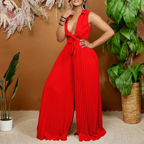 Eleganter Damen Ärmellos Tiefer V-Ausschnitt Plissee Weites Bein Jumpsuit Hohe Taille Sommer Bindegürtel Polyester Elasthan Einteiler