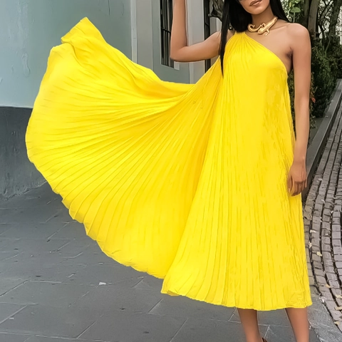 Elegant One Shoulder Pleated Midi Dress For Women Sleeveless Solid Color Large Hem Party Banquet A-Line Swing Dress Summer