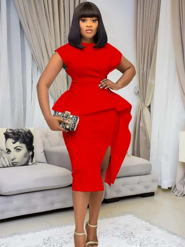 Abito Midi Peplum Elegante da Donna Tinta Unita Scollo a V Aderente Abito da Ufficio Festa Con Orlo a Spacco