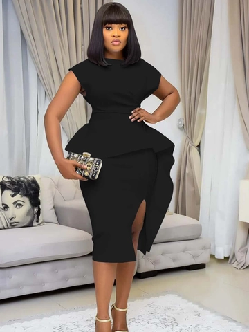 Abito Midi Peplum Elegante da Donna Tinta Unita Scollo a V Aderente Abito da Ufficio Festa Con Orlo a Spacco